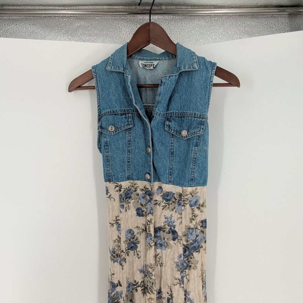 Vintage 90s California Concepts Denim Floral Maxi Dress Cottagecore Western - Picture 3 of 11